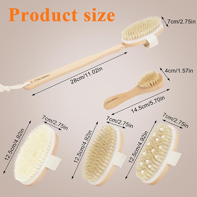 5 Packs Dry Brushing Set Natural Body Brush Wood Long Handle with 3 Detachable Heads, 1 Face Brush,Natural Boar Bristle Exfoliator for Lymphatic Drainage and Cellulite,Back Scrubber