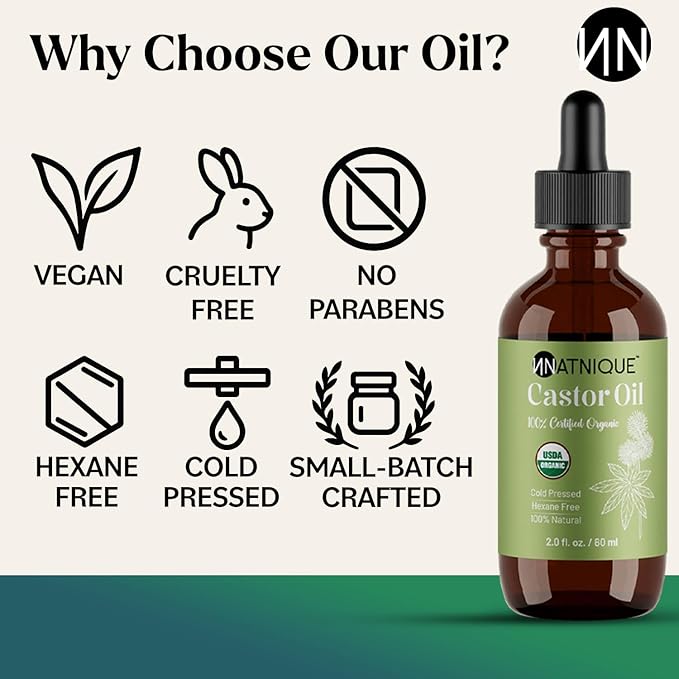 Natnique Castor Oil – USDA Certified Organic, 100% Pure Cold Pressed Unrefined Oil for Hair Growth, Eyelashes, Eyebrows & Scalp – Natural Skin Moisturizer, Lash Serum & Hair Treatment (2 Oz)