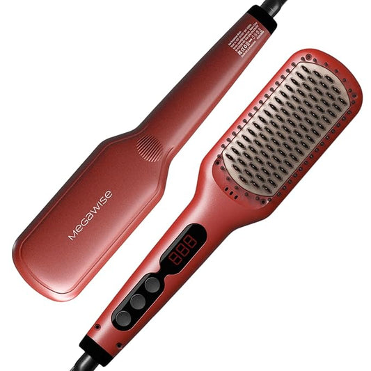 Updated 2025 Megawise Pro Ceramic Ionic Hair Straightener Brush – Fast 20s Heating, Auto-Off, Anti-Scald, Dual Voltage, Rotatable Power Cord – Home Salon Styling (Tomato Red)