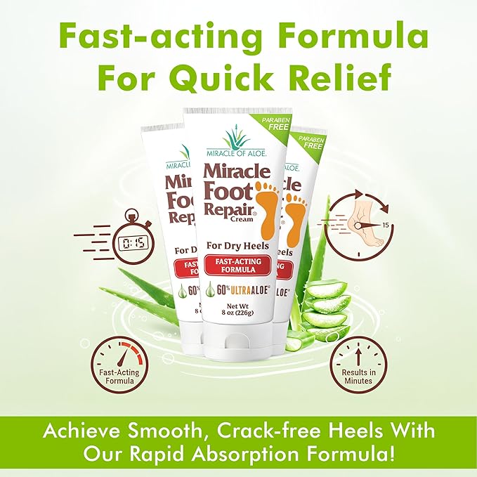 Miracle Foot Repair Cream (8 oz / 3-Pack) Repairs Dry Cracked Heels and Feet, 60% Pure UltraAloe Moisturizes, Softens, and Repairs