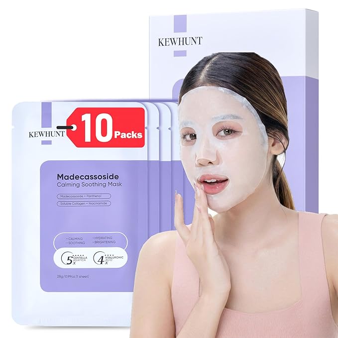 Madecassoside Sheet Mask Blemish Repair, Collagen Face Mask- Hyaluronic Acid, Niacinamide, Panthenol, Centella Facial Masks for Sooth, Hydration, Firming, Korean Skin Care, Stocking Stuffers 10ea