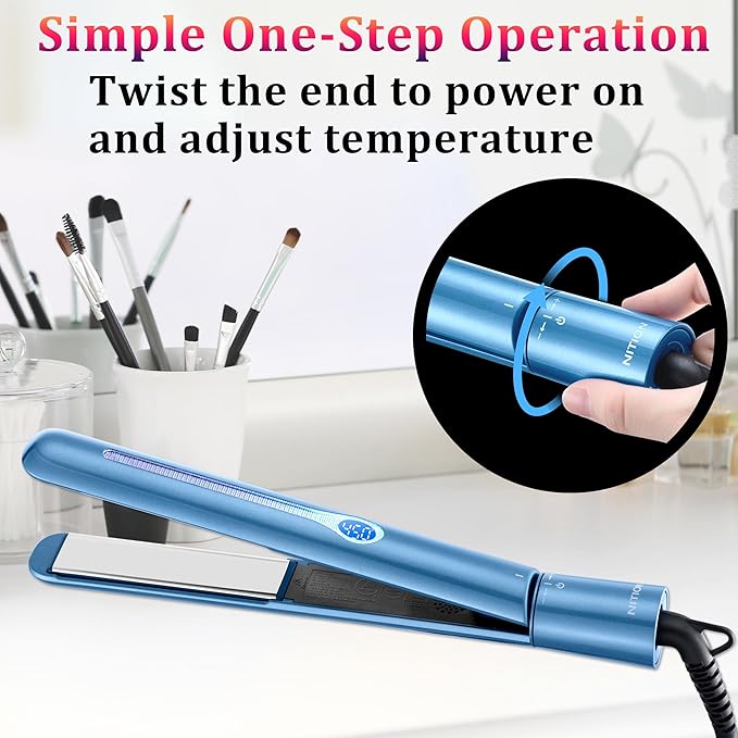 NITION Nano Titanium Hair Straightener 1 inch 3D Floating Heating Plate Smooth Straightening Flat Iron for All Hair Type. MCH 10s Fast Hating Up. Travel Pouch Bag. Dual Voltage. Luxury Gift Box