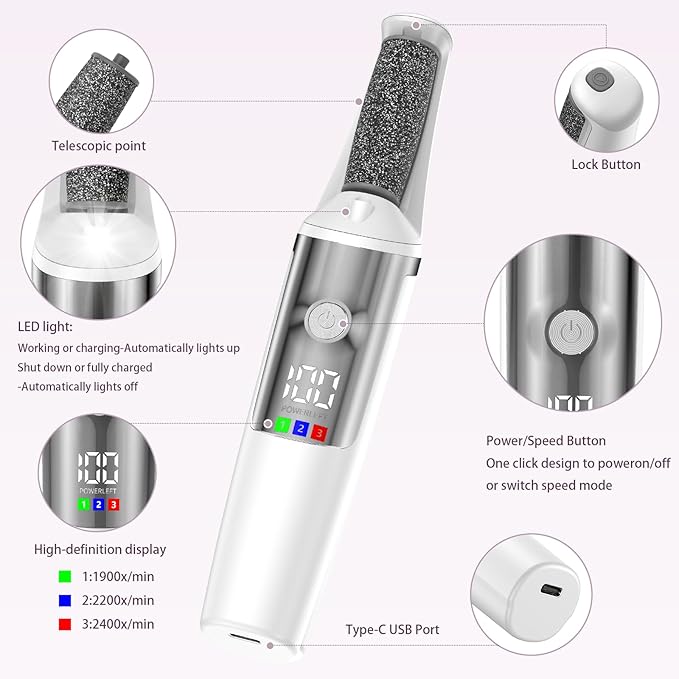 Electric Foot Callus Remover, Rechargeable Electronic Foot File Foot Scrubber Pedicure Kits, Professional Pedicure Tools Smooth Pedicure Wand, Foot Care for Dead Skin Ideal Gift, 3 Rollers,3 Speeds