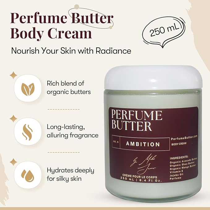 8.4 Fl. oz Perfume Butter – AMBITION | Luxuriously Hydrating & Lasting Scented Body Butter with Bergamot, Saffron, Oud & Amber | Unisex & Handcrafted for Silky Soft Skin – Amber Glass Jar