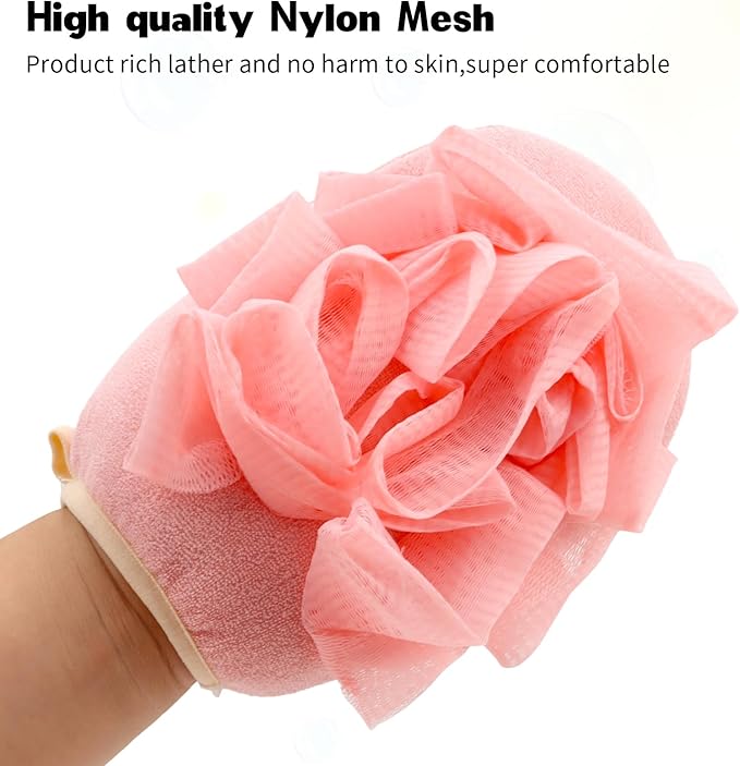 3 Pack Bath Loofah Body Sponge Brushes Loofah Exfoliating Glove Bath Shower Glove with Flower Bath Ball (Pink)
