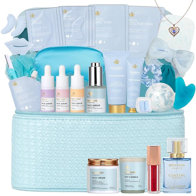 Christmas Gifts for Women, 33 Pcs Bath & Body Spa Gift Set, Face Sheet Mask Skin Care Kit, Ylang Essential Oil Collagen Gel Mask, Leather Bag, Lip Gloss, Face Serum, Skin Cleanser, Mother Day,Birthday