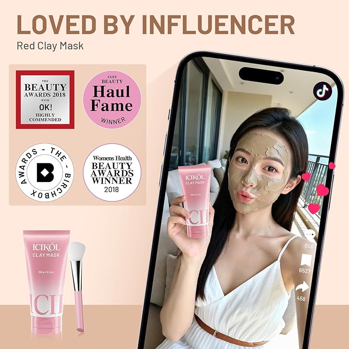 Deep Cleansing Red Clay Mask for Face with Glacial, Soothing Tightening Mud Mask to Balance Oil and Moisture, Minimize Blackheads, Soothing Care Pore Cleansing Mask with Brush