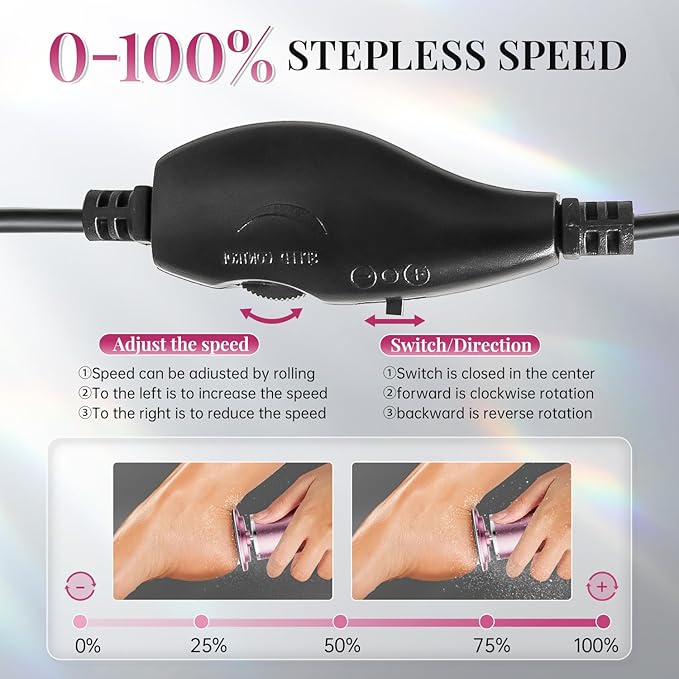 krofaue Electric Foot File Remover Callus - Professional Aluminum File Grinder Adjustable Pedicure Tools with 60pcs Sandpaper Disks for Dead Skin