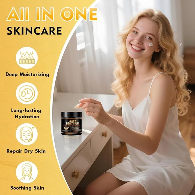 2PCS Organic Beef Tallow for Skin, Grass Fed Tallow and Honey Balm for Face, Tallow Face Moisturizer with Raw Honey,Natural Soothing Moisturizing Cream for Dry Sensitive Skin(Citrus)