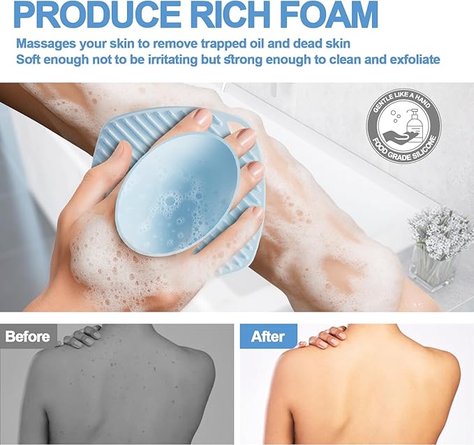 Silicone Body Scrubber, Gentle Texture Exfoliating Body Scrubber for Men and Women On Sensitive Skin, Soft Scrubber Produces Rich Form and Builds Up Lather, Getting a Deep Skin Clean (Blue)