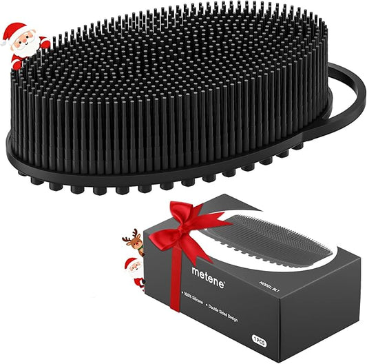 Metene Silicone Exfoliating Body Scrubber with Loop, Body Scrubber for Men and Women, Silicone Loofah for Shower, Soft Silicone for Shower and Bath Skincare Routine (Black)