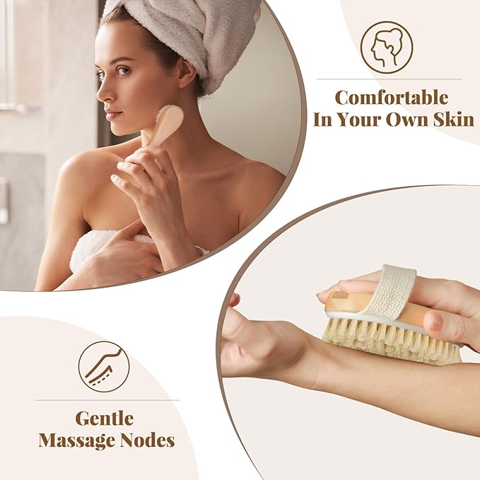 Dry Brushing Body Brush Set- Wooden Long Handle Body Brush Set with Pumice Stone & Face Brush, Boar Bristle Body Bath Scrubber Brush for Lymphatic Drainage & Cellulite, Detachable