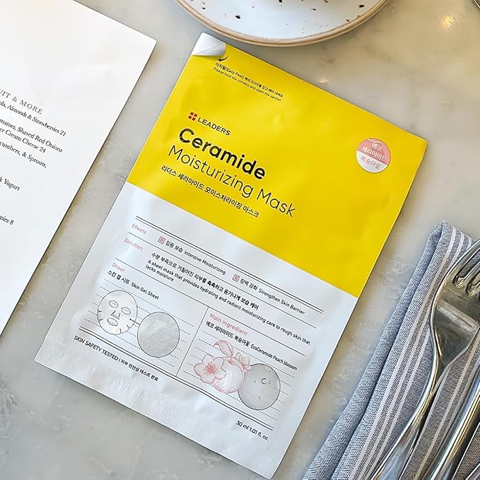 LEADERS Insolution Ceramide Moisturizing Mask - Hydrates, Moisturizes, Nourishes Rough & Dry Skin | Strengthens Skin Barrier, Easy Peel Pouch, Safe & Gentle for All Skin Types - 10 Sheets