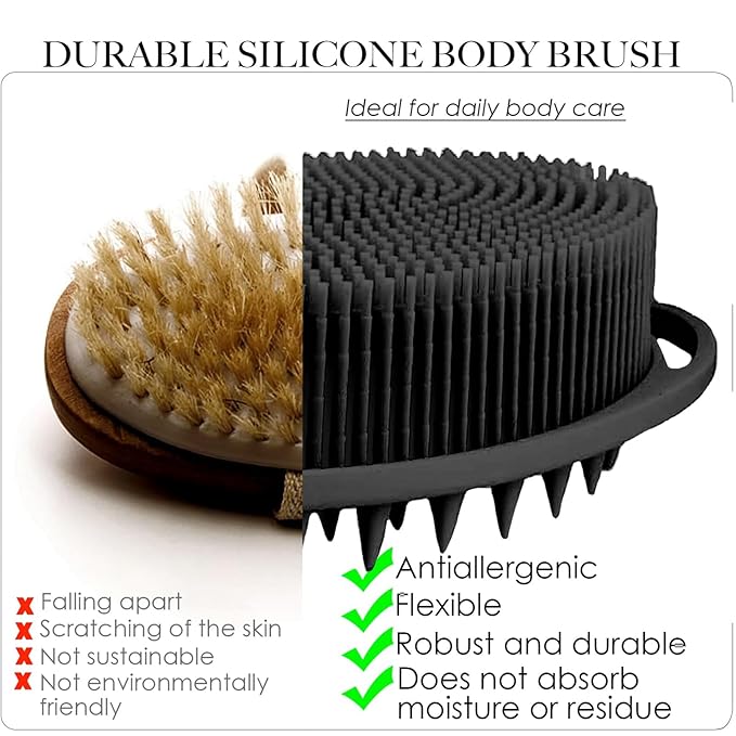 Silicone Body Scrubber, Silicone Loofah, Bath Cleaning Scrubber, Shower Sponge Glove, Exfoliating Body Brush for Wet or Dry Brushing, More Hygienic Than Traditional Loofah (Black and Grey)