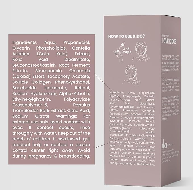IKI Kido Brightening Serum - Reduces Dark Spots, Evens Skin Tone, Hydrates Deeply, Non-Irritating Formula, Kojic Acid, Alpha Arbutin, Retinol Serum for Face, Centella Asiatica, & Vitamin E