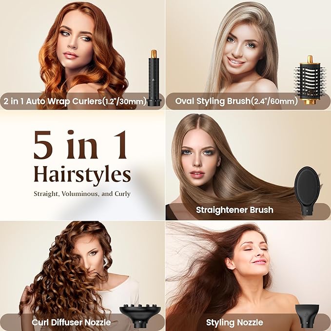 Air Styler 5 in 1, Hair Dryer Brush & Multi-Styler with 110,000 RPM High-Speed Powerful Motor, Auto-Wrap Curler, Cushion Massager, Oval Brush, Diffuser, Nozzle Attachment