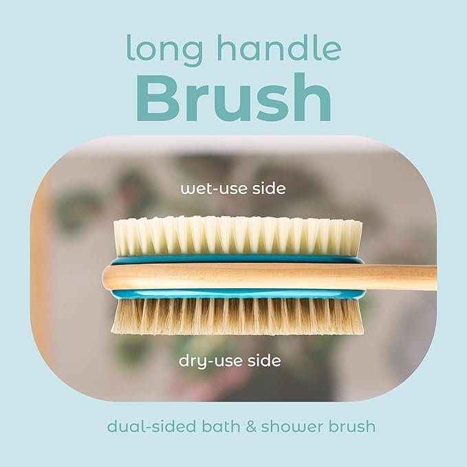 MainBasics Back Scrubber for Shower – Long Handle Dual-Sided Brush for Body Wash & Scrubbing with Exfoliating & Soft Bristles (Teal, Wood)