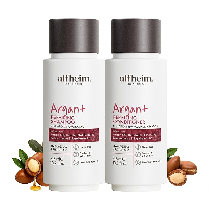 ALFHEIM Argan+ Repairing Shampoo & Conditioner Set for Dry, Damaged & Frizzy Hair with Argan Oil, Keratin, Oat Protein – Deep Repair, Shine & Frizz Control – Sulfate Free – Travel Size 10.7 oz × 2