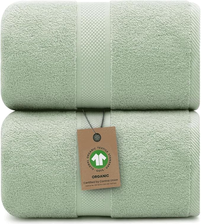 100% Organic Luxury Bath Sheets - GOTS Certified - Extra Large 35x70 Inches (Pack of 2) Zero-Twist, Long-Staple Cotton Bath Sheet Set (Eucalyptus Green)