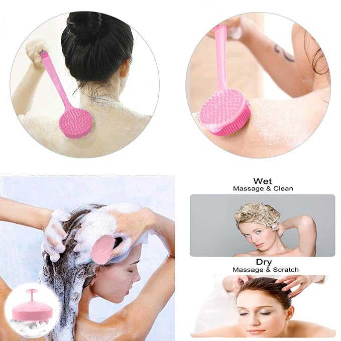 Silicone Body Scrubber & Scalp Massager, Long Handle Shower Brush, Exfoliating Scrubber for Men, Women & Kids