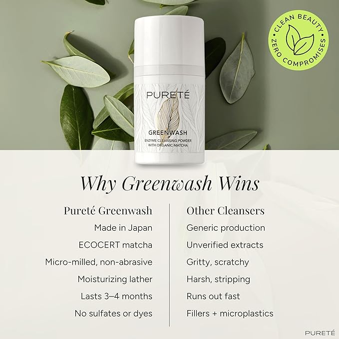 Pureté Greenwash | Powder-to-Lather Exfoliating Cleanser with Ceremonial Matcha | Gentle, No-Tears Foaming Face Wash for Smooth, Clarified Skin | Buttery-Soft, Non-Abrasive | Made in Japan | 1.4 oz