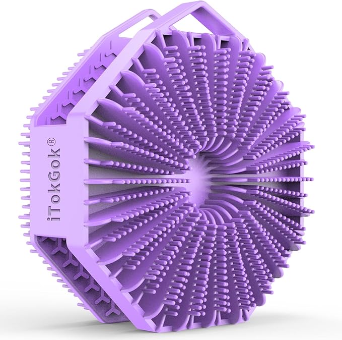 iTokGoK® Premium Silver-Infused Dual-Sided Design 2-in-1 Silicone Body Scrubber for Shower,Body Brush Buffer Scrubber for Men and Women for All Skin, Ergonomic No-Slip Handle, Easy to Clean - (Purple)