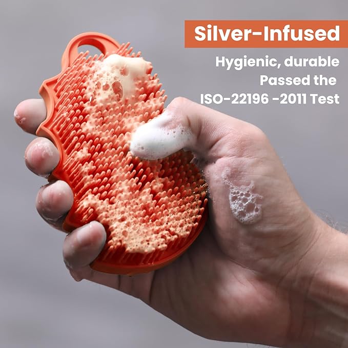 Silicone Body Scrubber Silver-Infused Dual-Sided 3-in-1 for Shower, Body Cleaning+Massage+Exfoliator Body Brush Buffer for Men and Women, Silicone Loofah, Non-Slip Handle (Orange)