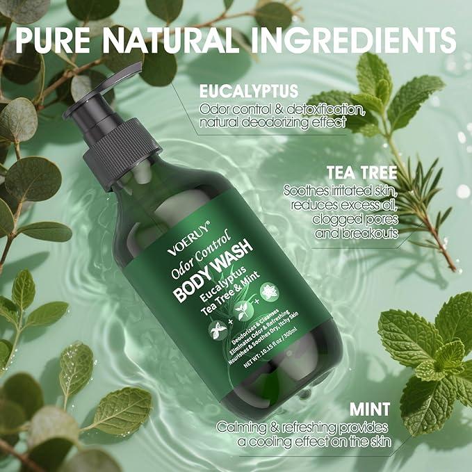 Eucalyptus & Tea Tree Oil Deodorizing Body Wash for Men & Women - 24 Hour Odor Control Shower Gel, Nourish & Sooth Dry, Itchy Skin, Natural Odor Control with Coconut Oil, Sulfate & Paraben-Free