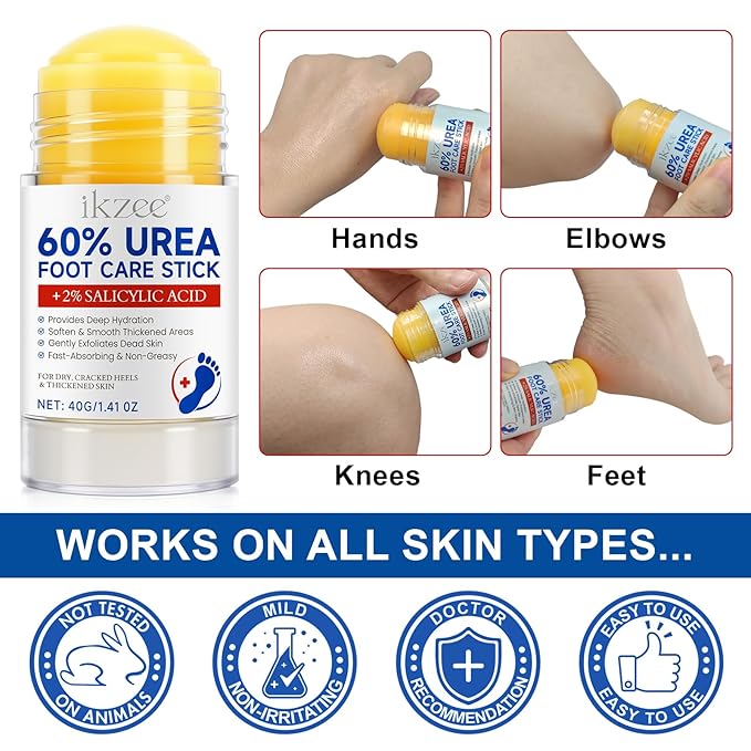 60% Urea with 2% Salicylic Acid Foot Care Stick, Maximum Strength Urea Foot Cream Callus Remover for Dry Cracked Heels, Hands, Knees, Exfoliating Moisturizer, Dead Skin Remover Foot Balm 1.41oz