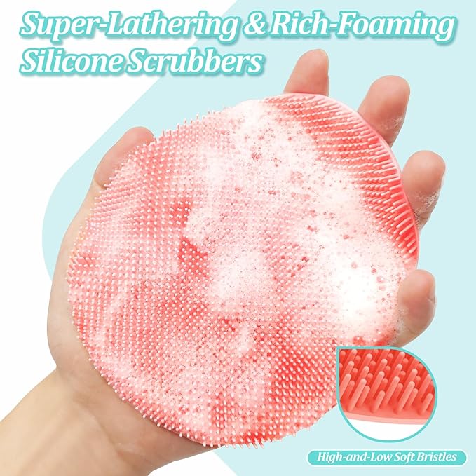 Silicone Back Scrubber & Soft Bath Glove 2PCS, 16''- 21''Extendable Back Scrubber with Dual-Side Large Head, 360° Anti-Slip Hand-fit Silicone Body Scrubber for Rich Foaming Deep Cleaning(Pink)