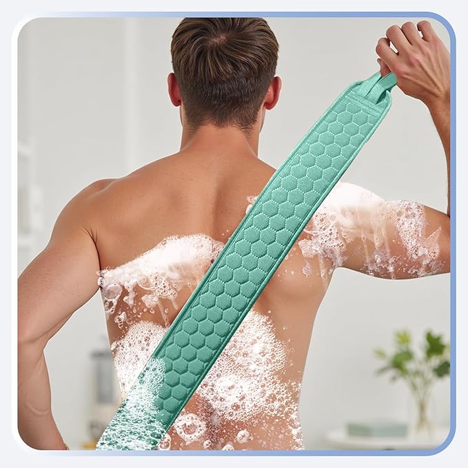 Back Scrubber for Shower with Handles, 40 Inch Extra Long Double-Sided Exfoliating Bath Strap, Textured Body Washer with Extended Reach for Deep Cleaning (Green)