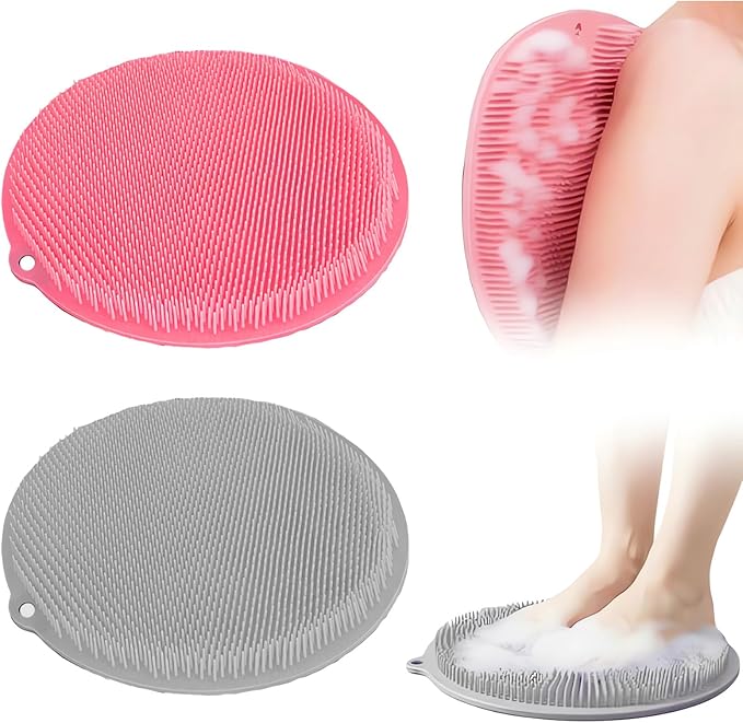2 Pack Shower Foot Scrubber & Shower Back Scrubber Wall Mounted with Delicate Brush,Circular Design Shower Back Scrubber,Non-Slip Foot Scrubber Mat(Grey and Pink)