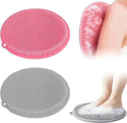 2 Pack Shower Foot Scrubber & Shower Back Scrubber Wall Mounted with Delicate Brush,Circular Design Shower Back Scrubber,Non-Slip Foot Scrubber Mat(Grey and Pink)