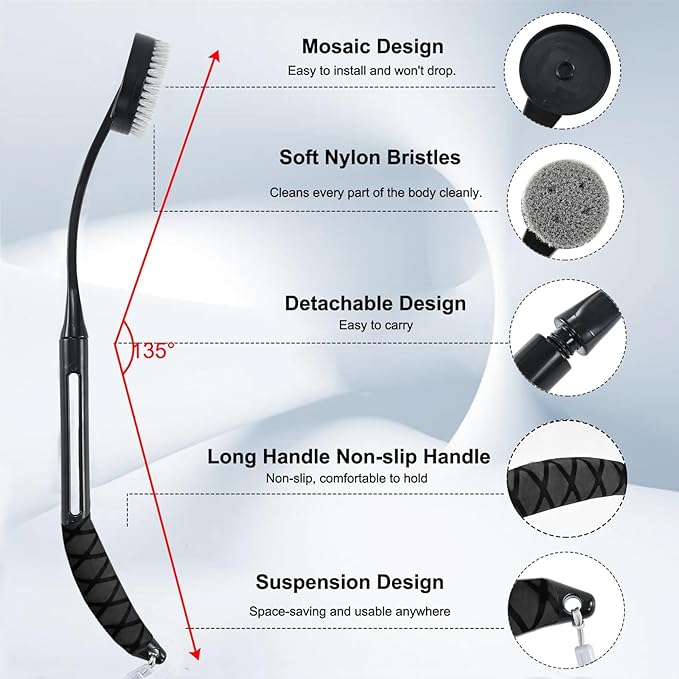 Back Scrubber for Shower,20.5" Bath Brush Long Handle for Shower for Deep Clean,Back Brush for Shower for Men Women(Black)