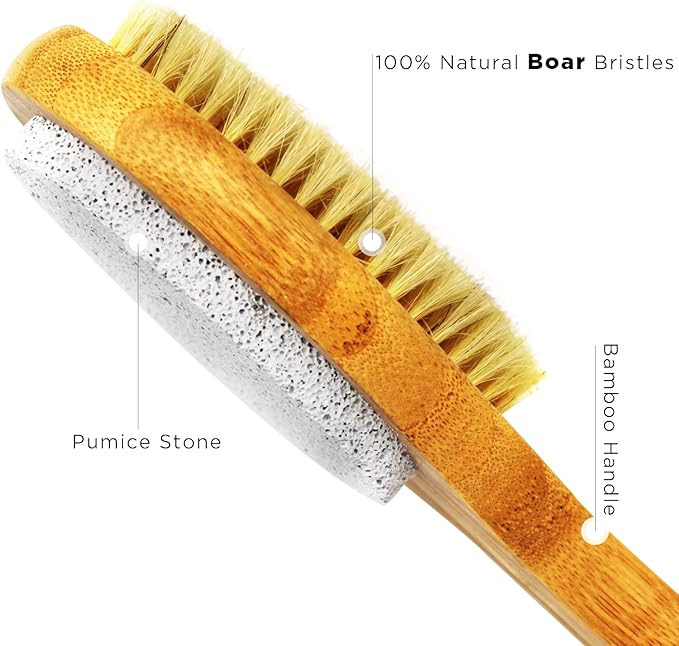 ICANdOIT 2 in 1 Long Handle Bath&Shower Brush,Bath Scrubber,Boar Bristle with Pumice Stone Exfoliate & Soften Skin,Dry Brushing Body Brush for Cellulite&Lymphatic Drainage