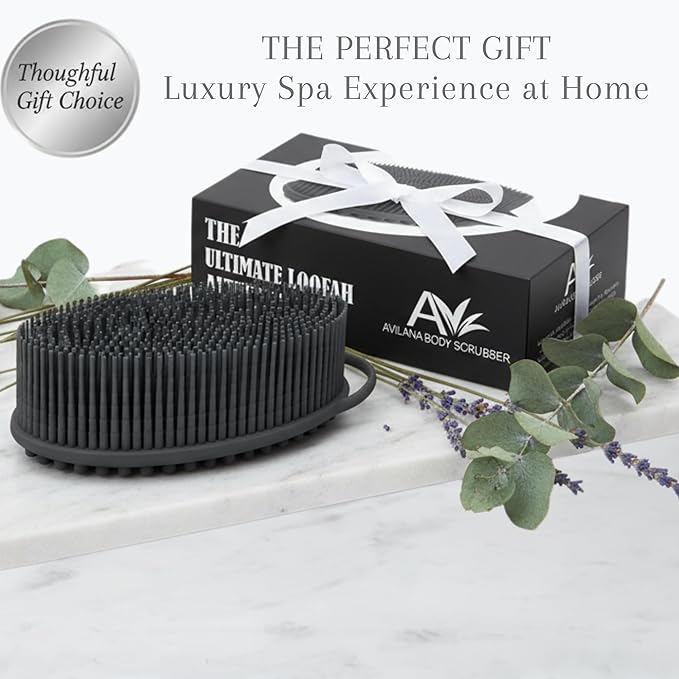 Silver Infused Silicone Body Scrubber Shower - Gentle Back Scrubber Soft Bristles - Avilana Premium Dual Sided Bath Brush Massage - Advanced Material Loofah Alternative - Gift Women Men