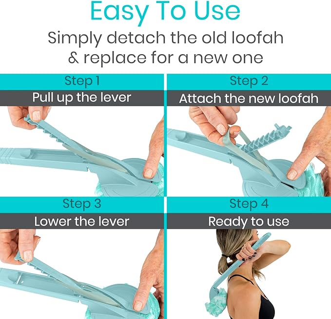 Vive Long Handled Loofah on a Stick - Mesh Back Sponge for Bath, Reusable w/Extra Pouf - Exfoliating Scrubber for Elderly & Disabled, Soft Loofa for Bathing Men & Women