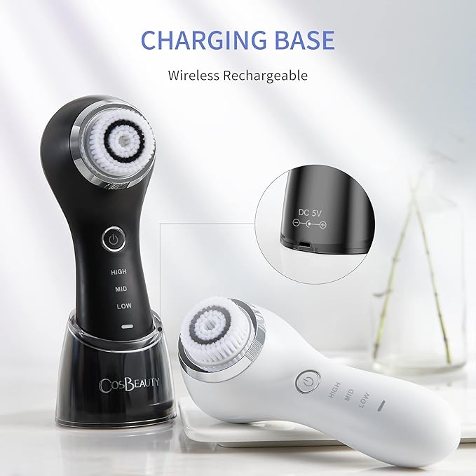COSBEAUTY Face Scrubber Exfoliator Sonic Facial Cleansing Brush with 5 Interchangeable Brush Head,Face Brush Cleanser for Men IPX7 Waterproof,Wireless Rechargeable for Massaging,Deep Cleansing(White)
