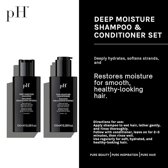 pH PURE HAIR Deep Moisture Shampoo and Conditioner Set - Hydrating and Moisturizing Shampoo and Conditioner - Dry Hair - Enriched with Kokum Nut Butter and Rose Extract (3.38 Oz each)