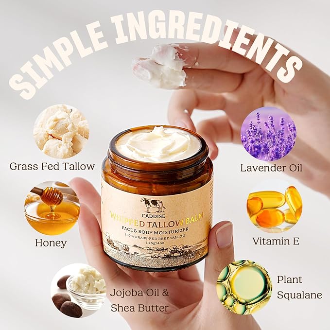 Whipped Beef Tallow for Skin – 100% Grass-Fed Handmade Cream Moisturizer for Face & Body, Natural with Honey, Shea Butter, Jojoba Oil, Non-Greasy, Nourishing for Men, Women, Kids, 4 Oz (Lavender)