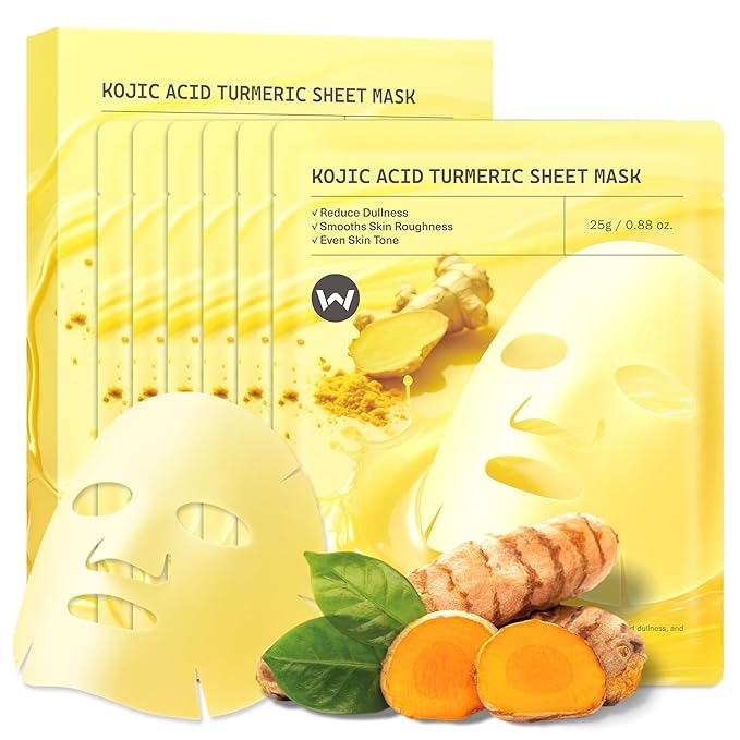 6 Sheet Masks Kojic Acid Turmeric Face Mask Even Skin Tone, Elasticity, Radiant, Moisturizing, Hydrating Face Masks for Dull Skin Facial Mask Controlling Oil and Refining Pores Facemask Skincare
