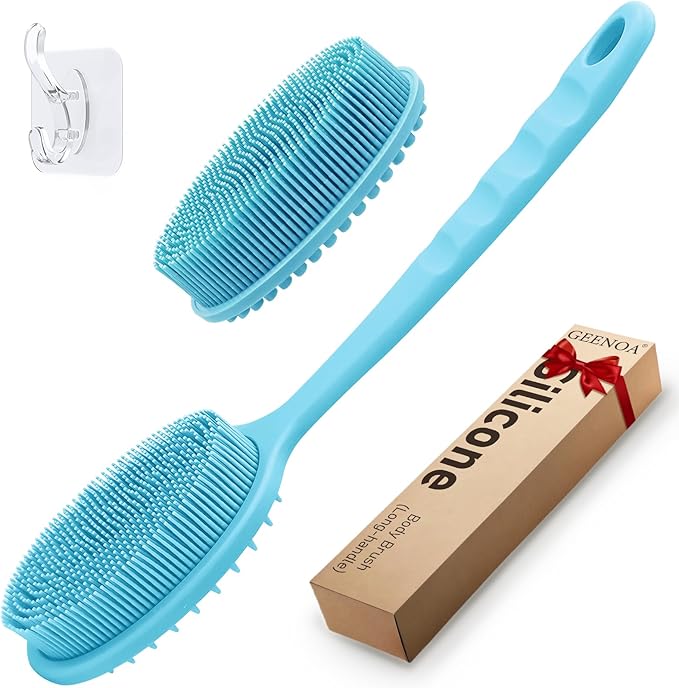 Silicone Back Scrubber for Shower, Gentle Exfoliating Body Scrubber & Back Washer with Handle, Silicone Loofah with Two Dual-Side & Replaceable Brush Heads(Blue-Two Heads)