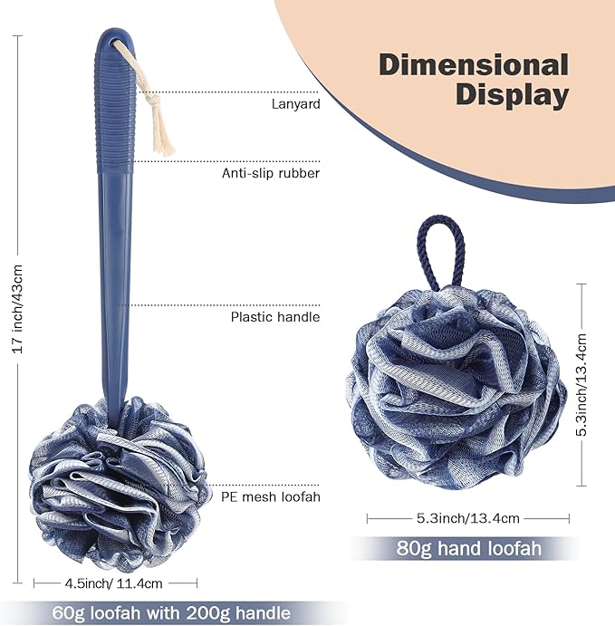 Loofah With Handle Back Scrubber for Shower, Non-Slip 17" Plastic Handle, Hand Shower & Loofah on a Stick Sponge Set, Deep Blue With White Edge