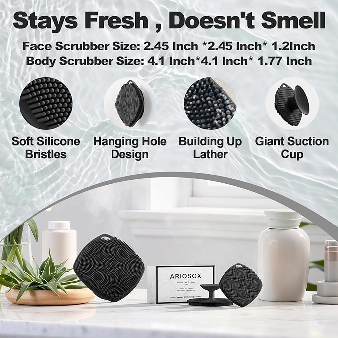 2 Pack Face Scrubbers, Silicone Body Scrubber Soft Bristles, Gentle Lather, Exfoliating & Deep Cleaning for Sensitive Skin, Giant Suction Cup Stick Securely (Body + Face Scrubber Black)