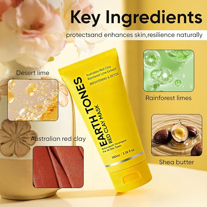 Australian Red Clay Face Mask, Earth Tones Face Mask, Brightening & Detox Mask with Desert Lime, Rainforest Limes, Shea Butter, For All Skin Types 100ml