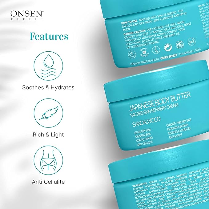 Onsen Japanese Body Butter for Women - Skin Refinery Cream Natural and Organic Shea Butter Moisturizing Clear Skin Exfoliator with Coconut Oil and Vitamin E - 8.6 fl oz / 255 ml (Sandalwood)