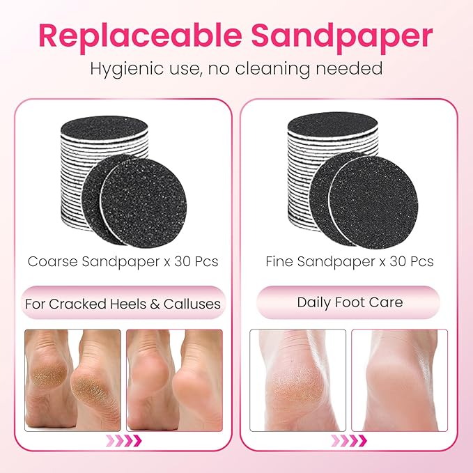 Electric Foot Callus Remover with 60 Pcs Sandpaper Discs, Adjustable Speed Electric Foot File Grinder, Professional Pedicure Tool for Dead Skin & Cracked Heel