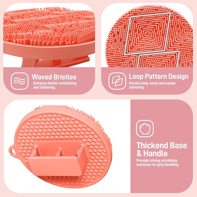 Foot Brush/Foot File/Silicone Body Scrubber Set(3PCS), 3-in-1 Foot Scrubber with Long Handle, 10.2’’-27.5’’Adjustable Foot Scrub Brush with Foot File and Silicone Loofah, Gift-Box(Pink Set)