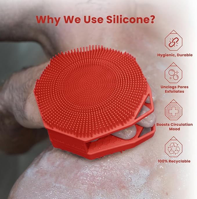 iTokGoK® Premium Silver-Infused 2-in-1 Silicone Body Scrubber, Double-Sided Design Body Brush Silicone Body Scrubber Exfoliating Body Brushes for All Skin for Showering, Lathers Well- Red
