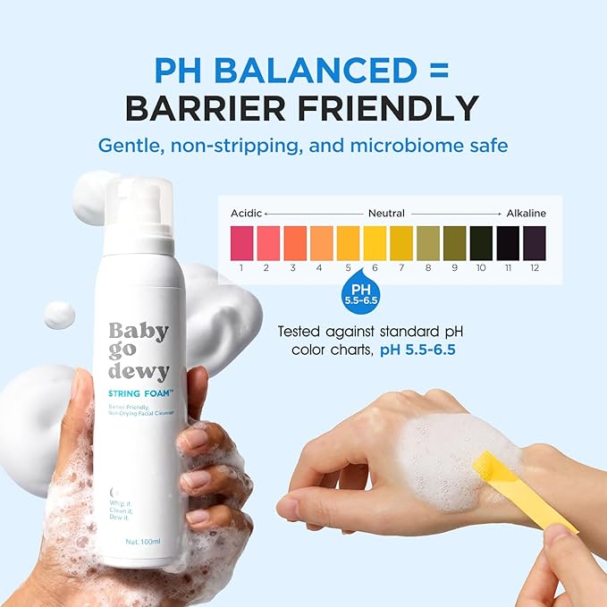 Baby Go Dewy STRING FOAM Barrier Friendly Non-Drying Facial Cleanser with APG & Plant-Powered Ingredients, Foaming Facial Cleanser Fragrance Free Sensitive Skin Friendly